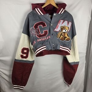 Fashion Nova Cali Teddy Bomber Jacket in grey/combo Red Size Medium Women's